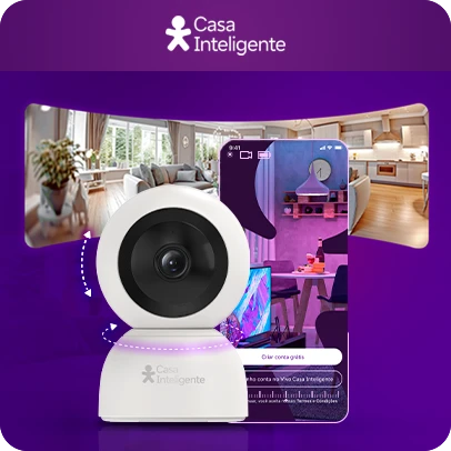 Imagem com câmera Vivo Casa Inteligente, mockup de celular e imagem panorâmica de uma casa.