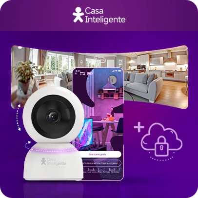 Imagem com câmera Vivo Casa Inteligente, mockup de celular e imagem panorâmica de uma casa.