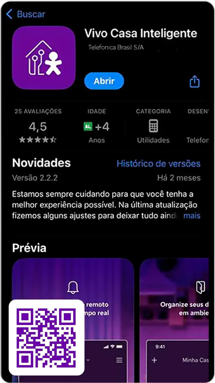 Tela de download do App Vivo Casa Inteligente e, ao lado, um QR Code.