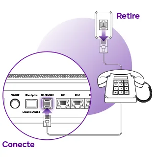 Ilustração de um telefone conectando um telefone fixo na tomada e em um modem. 