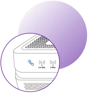 Ilustração da parte da frente de um modem destacando a luz de telefone acesa.