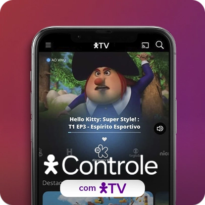 Imagem de um celular e na tela a página inicial do app Vivo TV.