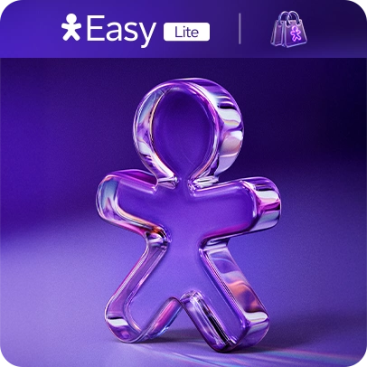 Mulher com celular na mão sorrindo com logo Easy Lite acima com sacolinha Purple Friday.