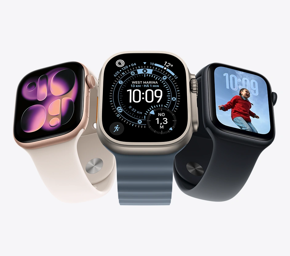 Imagem de três Apple Watches de cores diferentes lado a lado.
