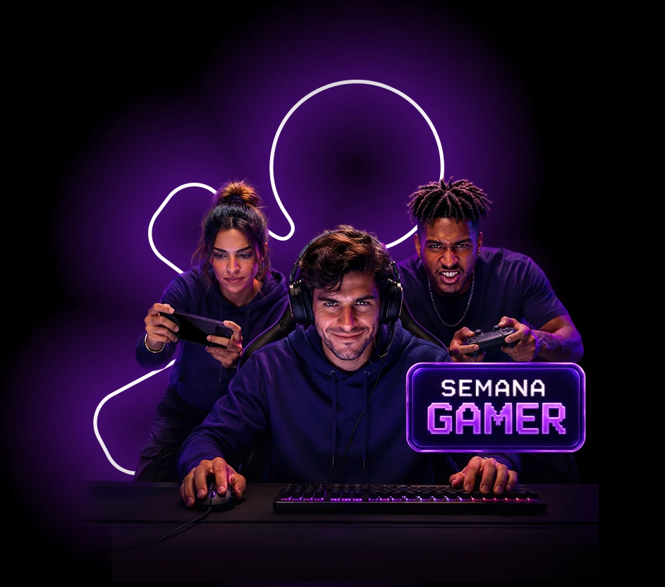 Imagem de 3 pessoas jogando em consoles diferentes, com Vivinho ao fundo em roxo neon.
