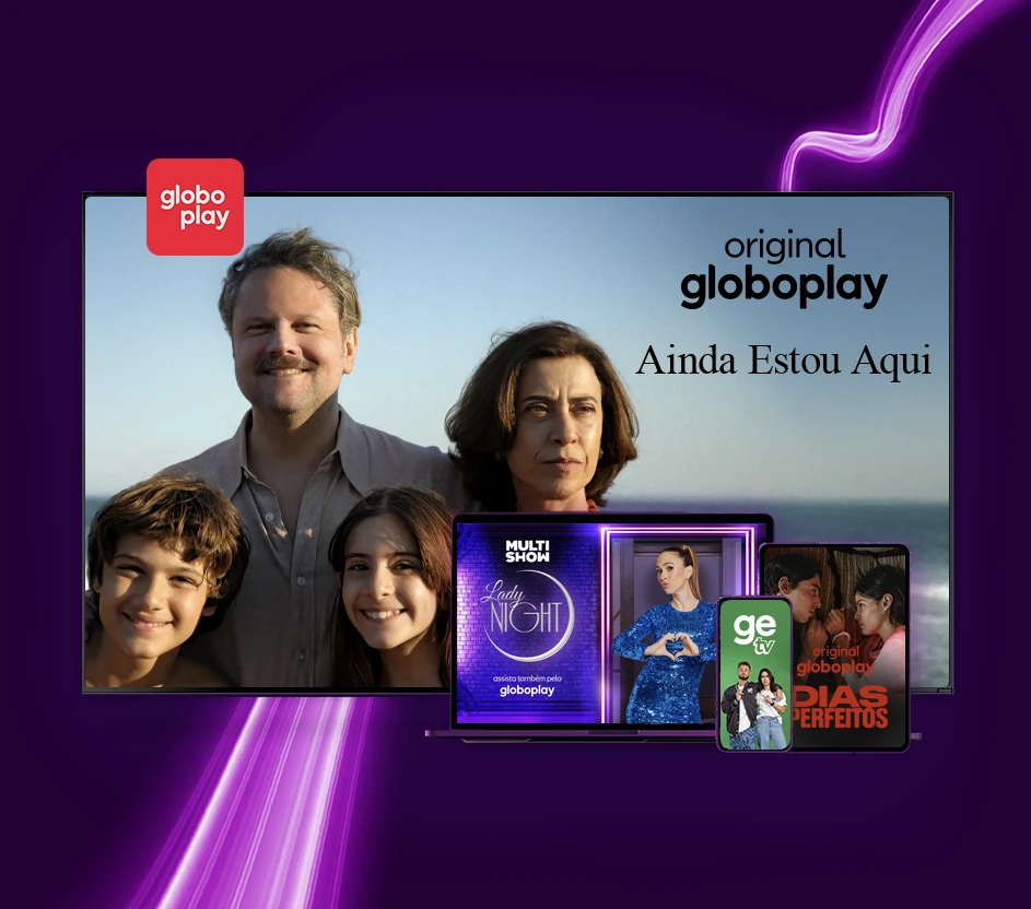 Imagem com vários devices com a programação Globoplay na tela.