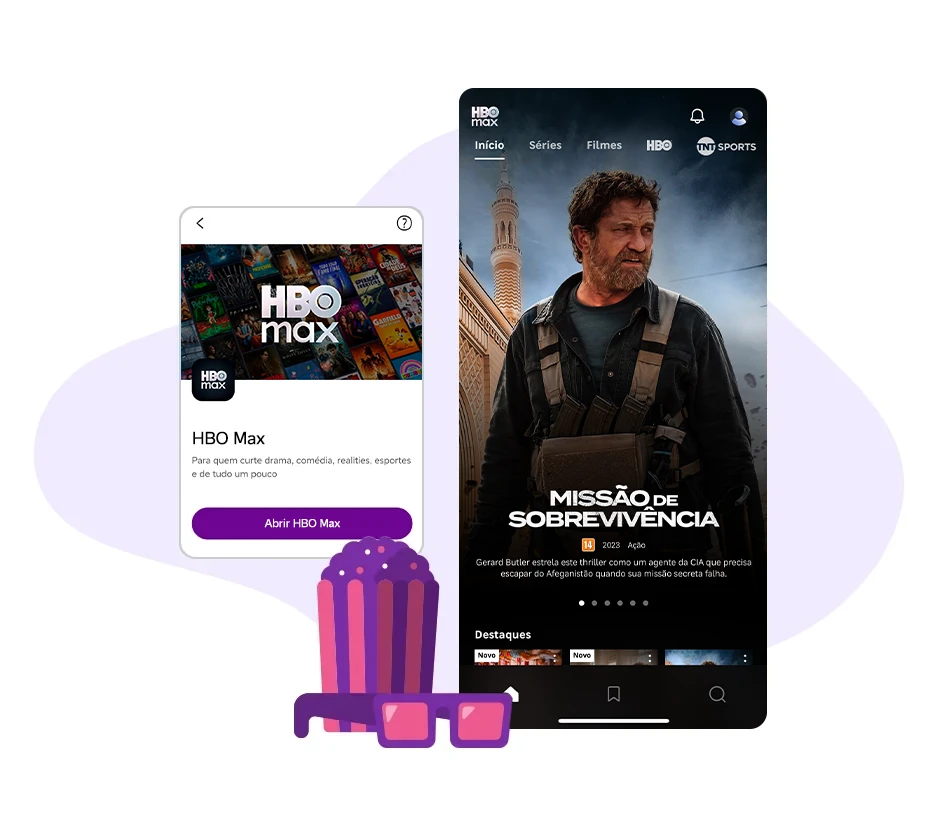 Composição de imagens do app HBO Max e um ícone de pipoca ao lado