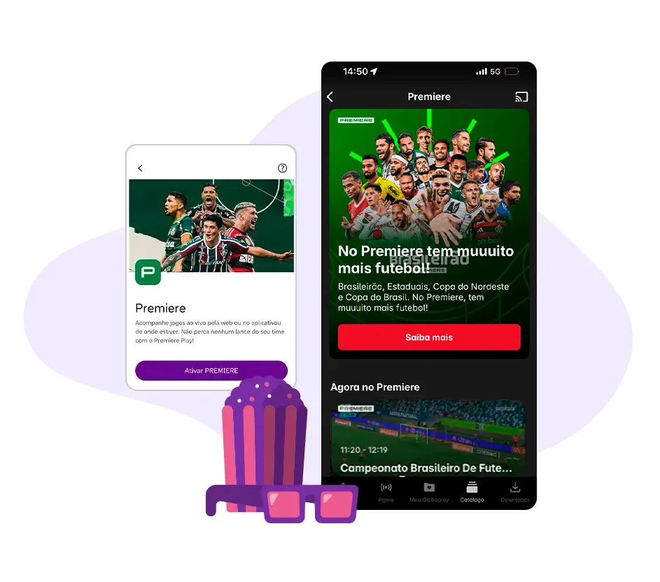 Composição de imagens do app Premiere e um ícone de pipoca ao lado