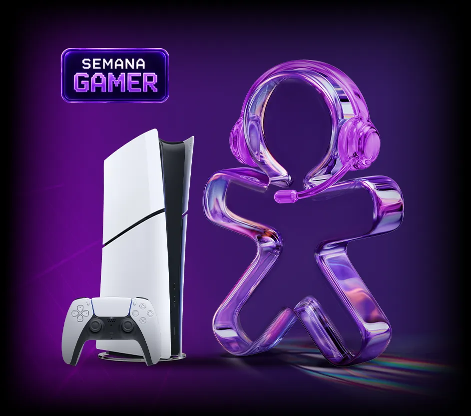 Arte da Semana Gamer com console branco e figura translúcida usando headset roxo.