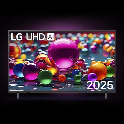 Smart TV LG UHD AI 2025 exibindo esferas coloridas na tela.