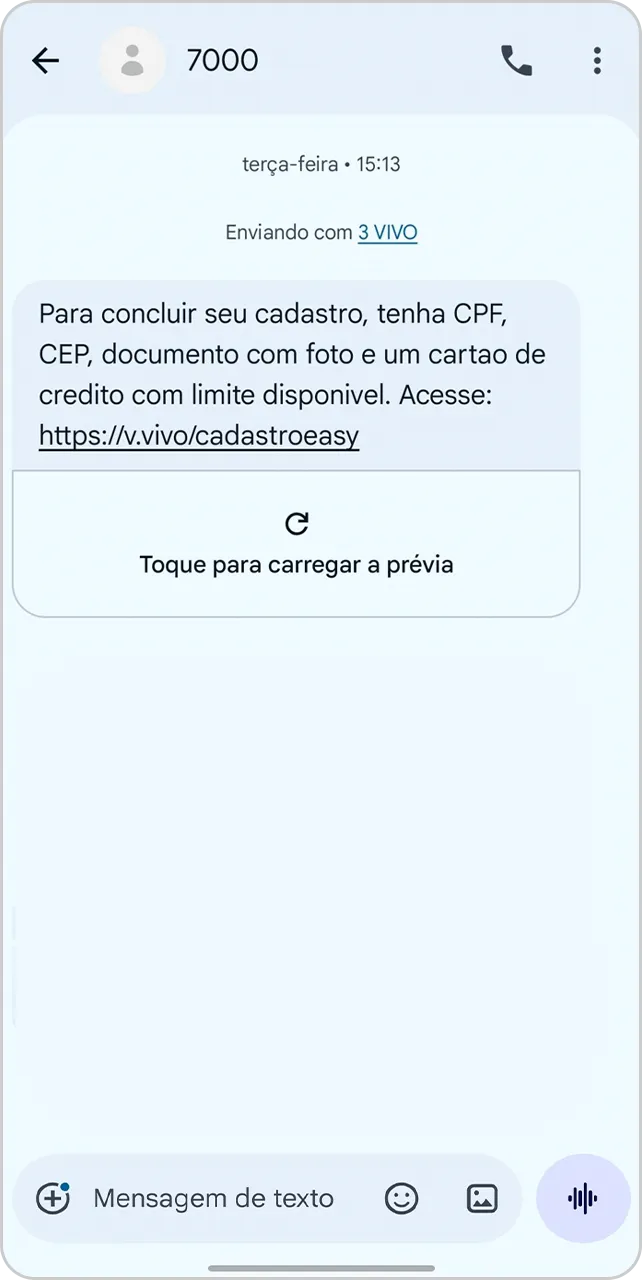 Tela de SMS para conclusão de cadastro.