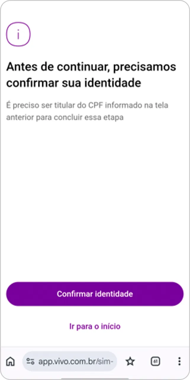 Tela do App Vivo com a confirmação de identidade.