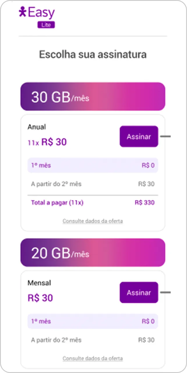 Tela de Easy Lite com a área de escolha de assinatura.