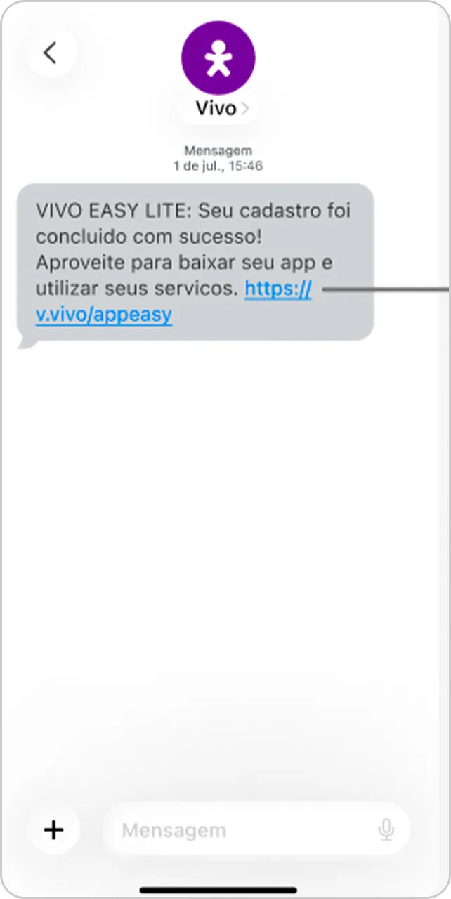 Tela de SMS, com mensagem de cadastro concluído.