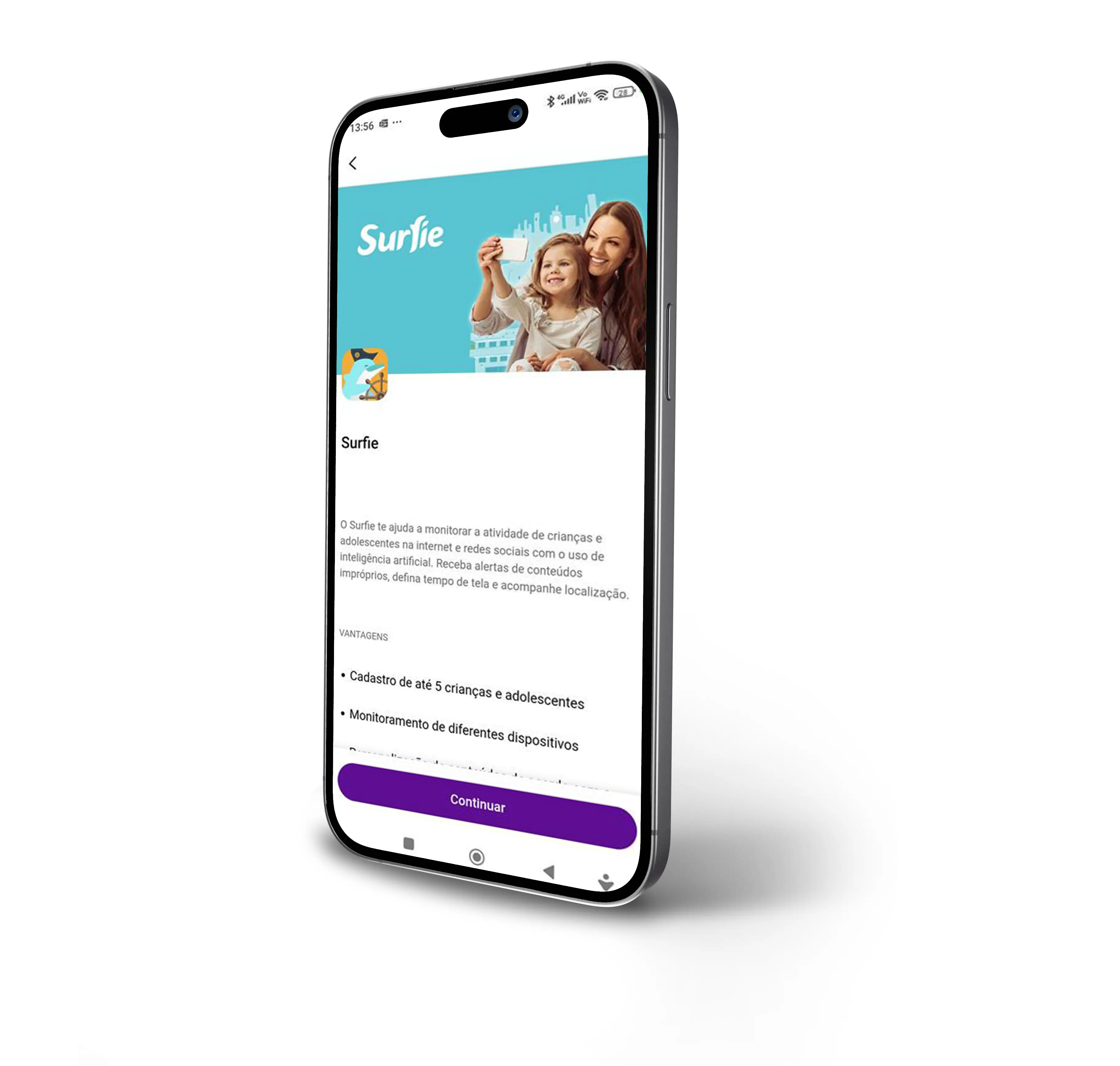 Imagem de um celular com a tela de Surfie dentro do app Vivo.