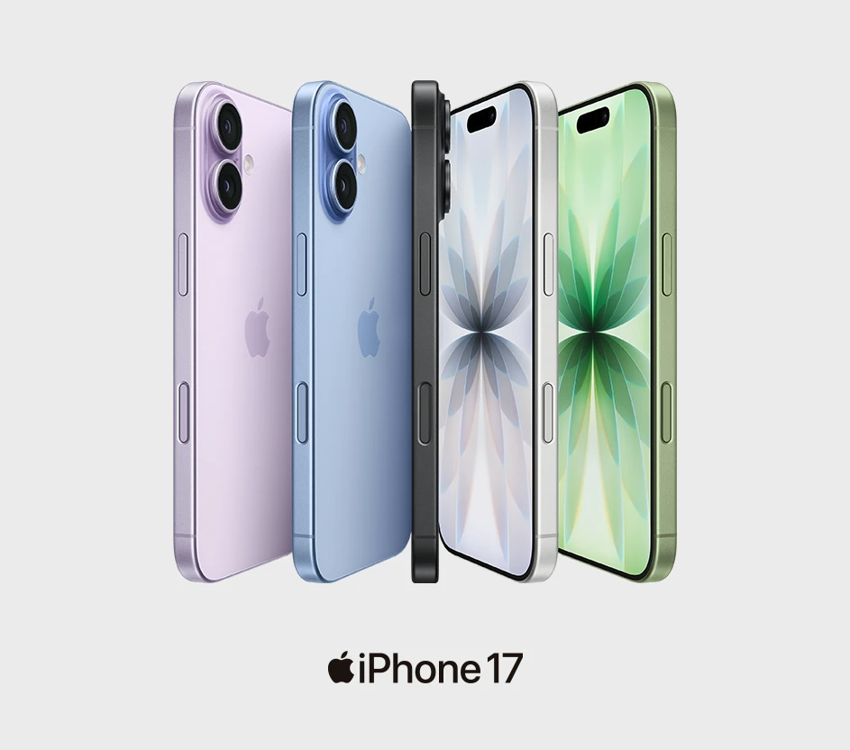 Imagem de celulares Apple iPhone 17 em diversas cores lado a lado, abaixo maça apple + iPhone 17.