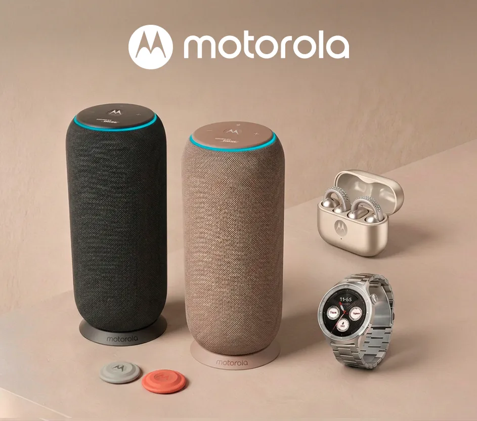Imagem com eletrônicos Motorola, incluindo fone de ouvido, relógio e caixas de som.