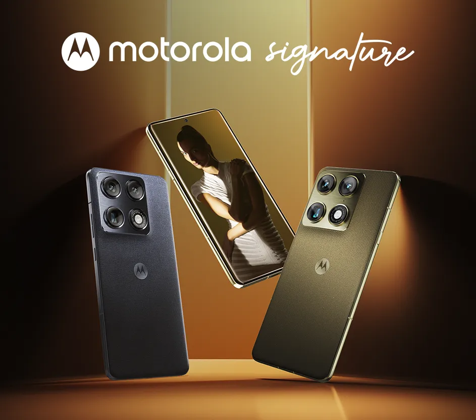 Imagem de smartphone Motorola Signature em um fundo preto e dourado.