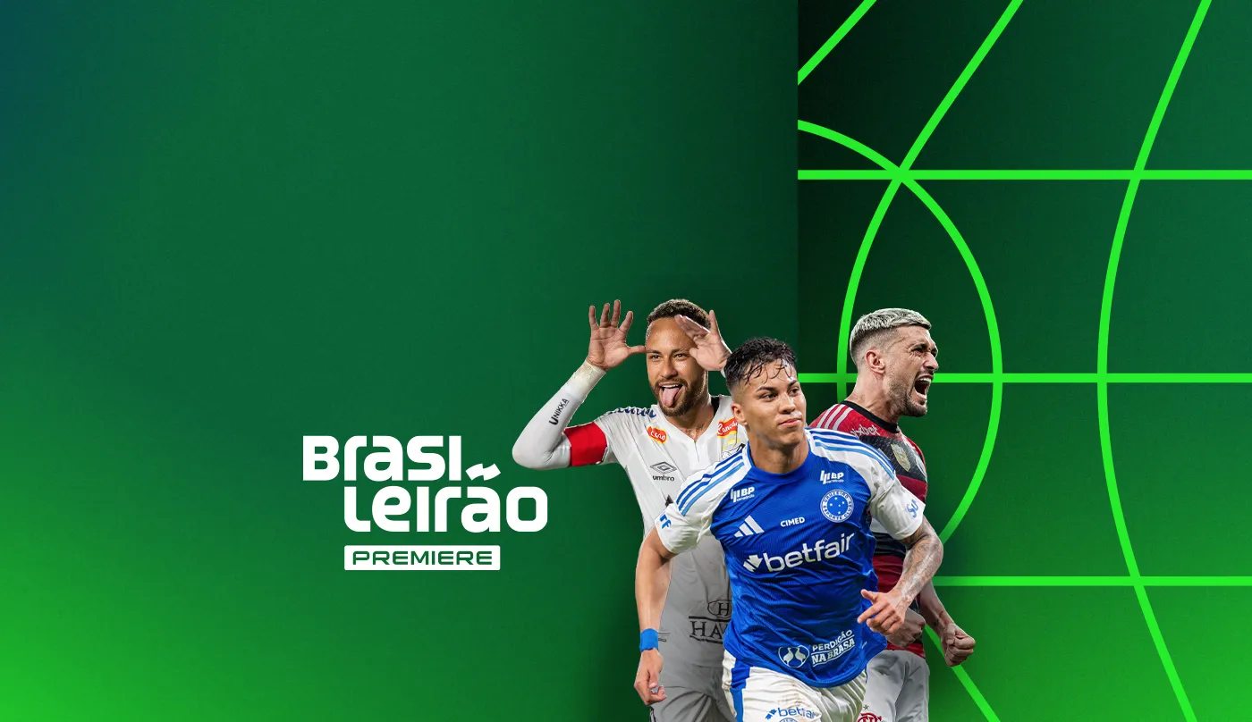 Composição de imagem com três jogadores de futebol e logo do Brasileirão e Premiere.