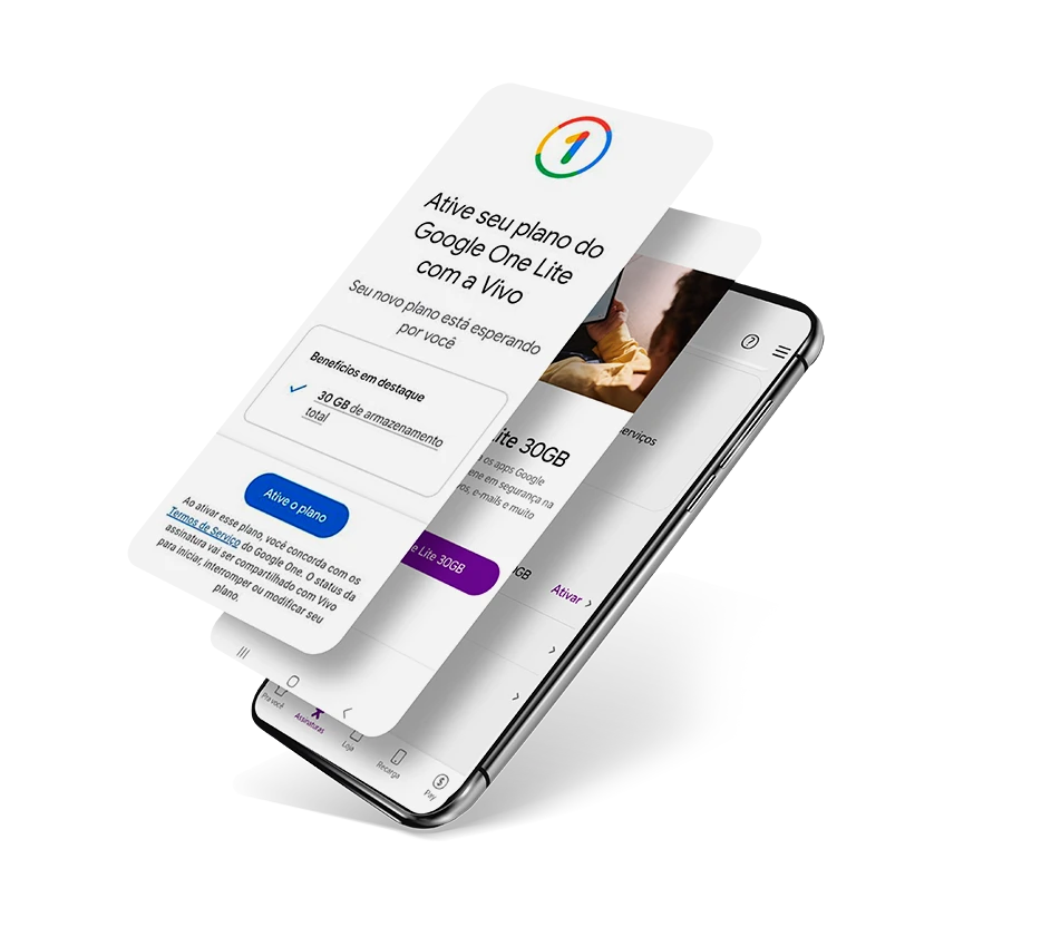 Celular com destaques para telas de ativação do Google One Lite.
