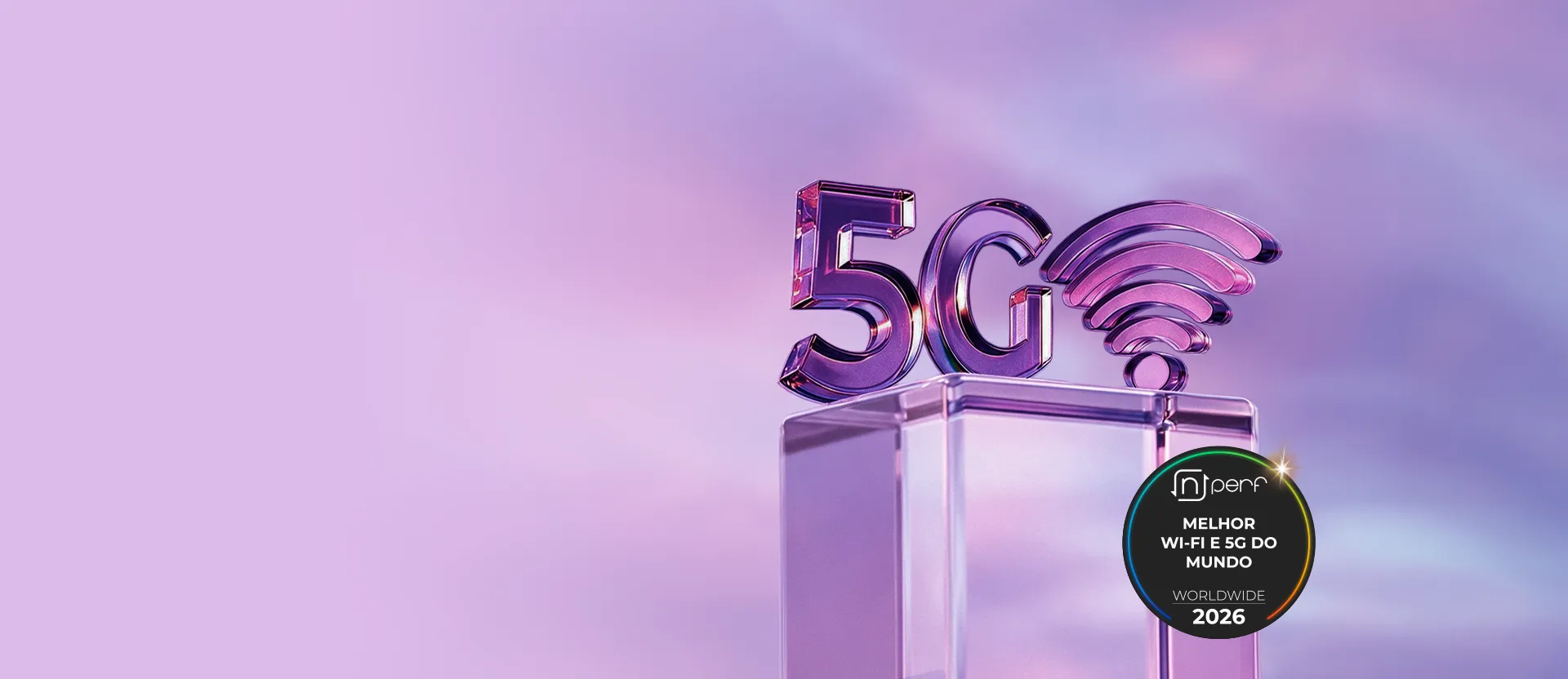 Elemento 5G com símbolo de Wi‑Fi e selo nPerf de melhor Wi‑Fi e 5G do mundo 2026.