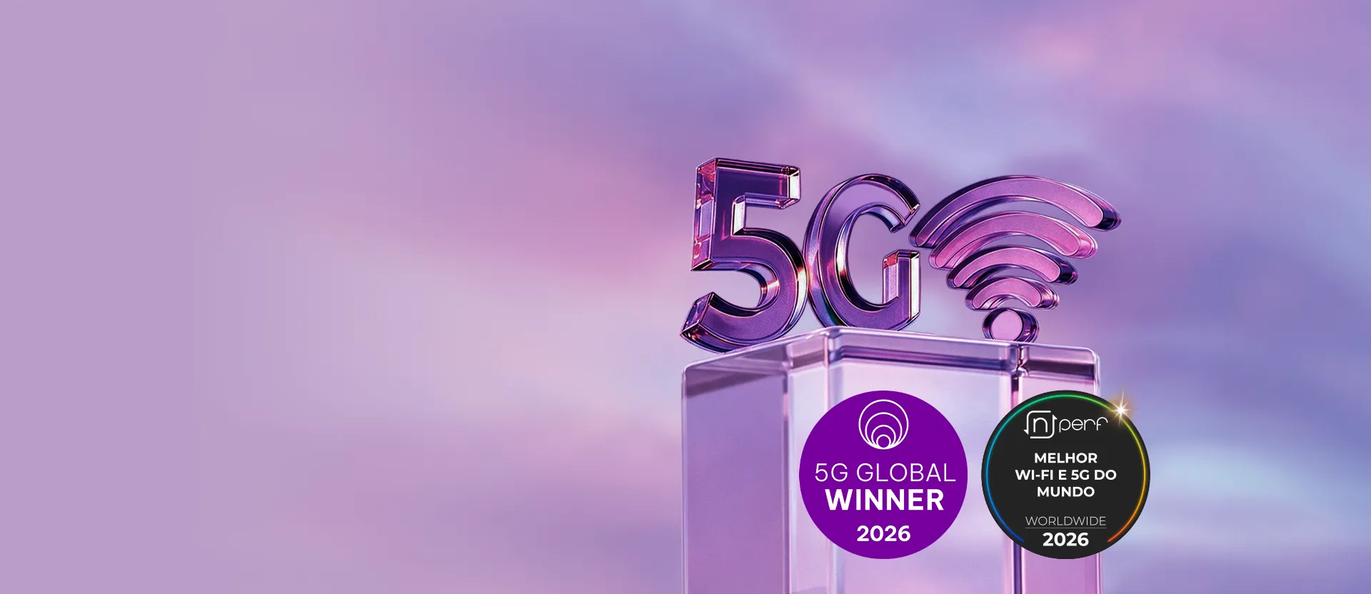 Símbolo 5G e selo 5G Global Winner 2026 sobre fundo em tons de roxo.