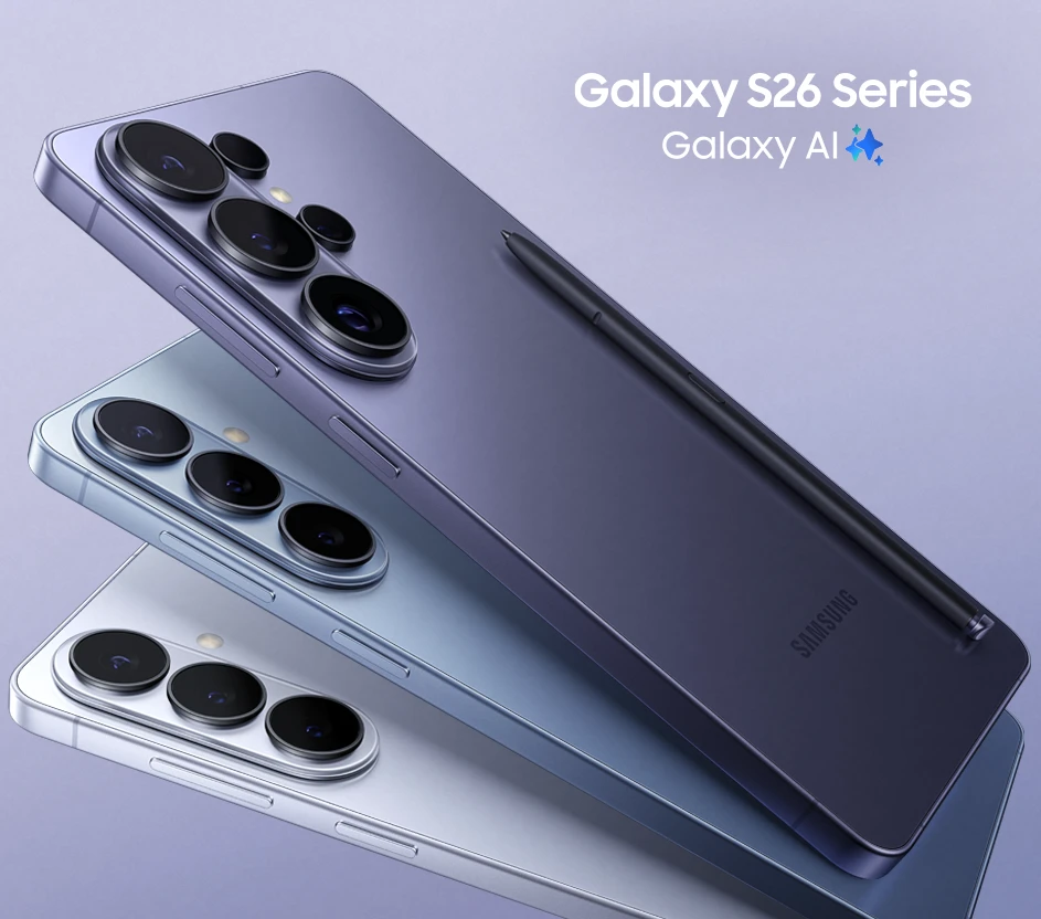 Imagem com smartphones Samsung Galaxys S26, S26+ e S26 Ultra. Lê-se: "Galaxy S26 Series, Galaxy AI".