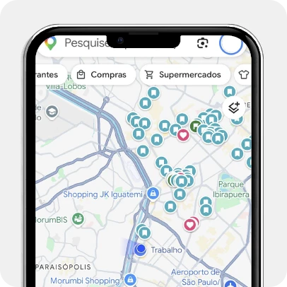 Mockup de celular com tela de mapa e ícones dos apps Apple Maps, Google Maps e Waze.