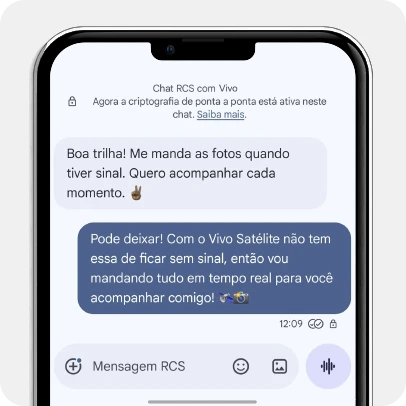 Mockup de celular com troca de mensagens e ícones dos apps iMessage e Google Mensagens.