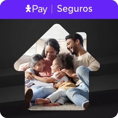 Homem, mulher e duas meninas abraçados sentados no chão de uma sala. Lê-se: Vivo Pay, Seguros.