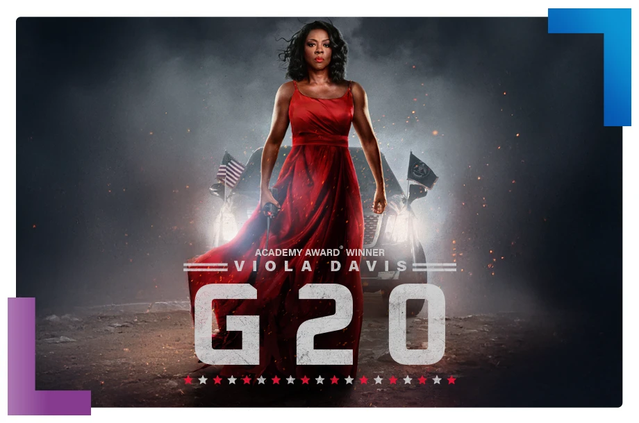 Imagem de Viola Davis de vestido vermelho em frente a um carro, abaixo logo G20