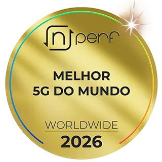 Selo dourado circular, com texto nPerf Melhor 5G do Mundo.