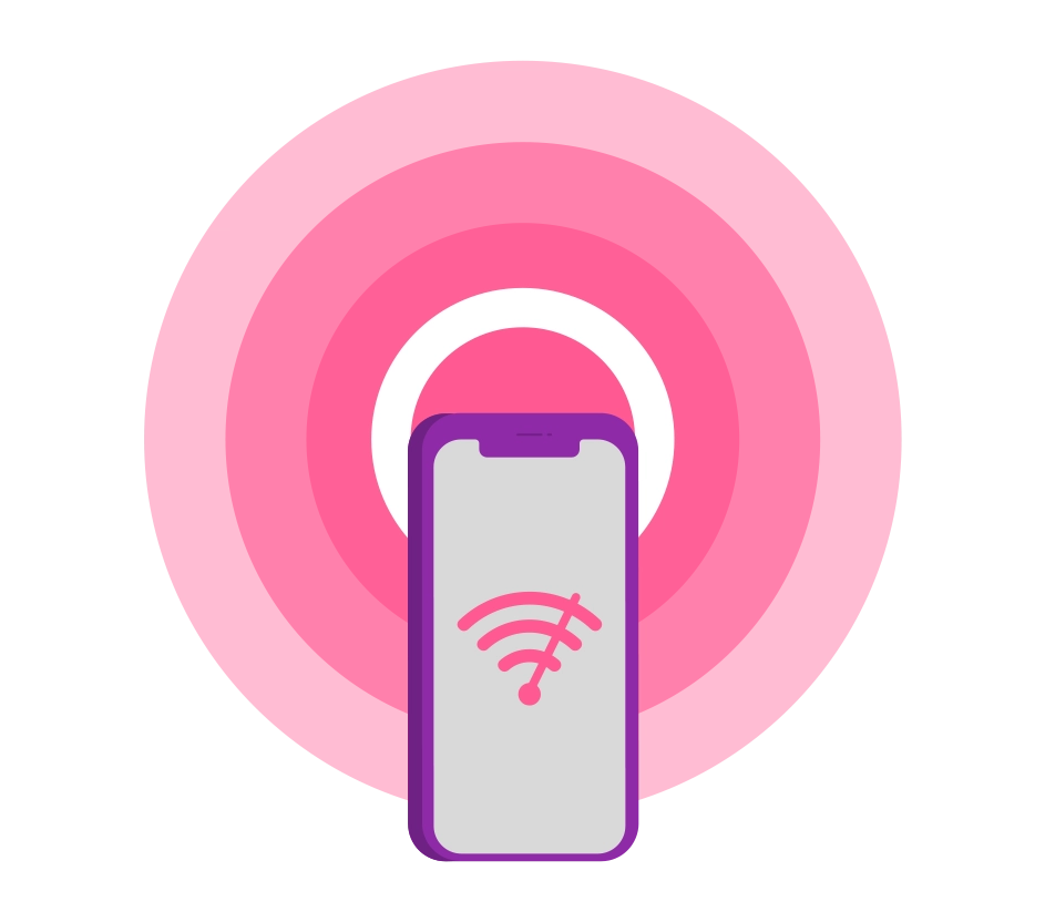 Ilustração de celular com sinal de wifi amplificado.