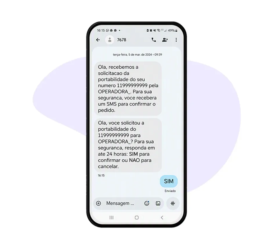 Tela de conversa mostra SMS para confirmar portabilidade com resposta SIM enviada.