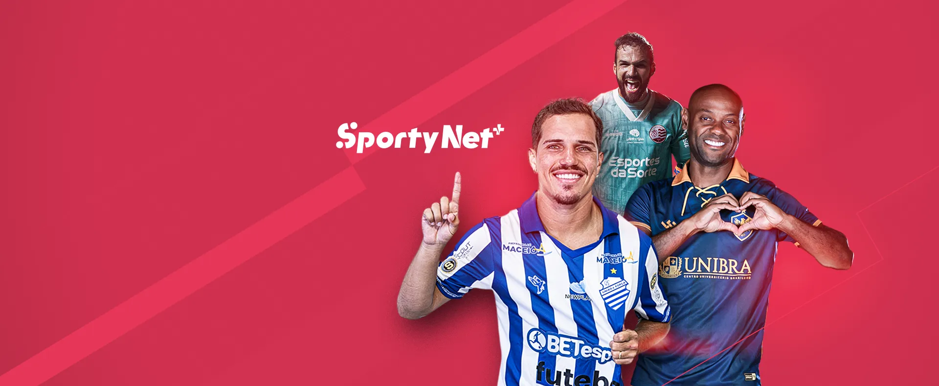 Jogadores de futebol posando com logo SportyNet.