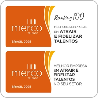 Imagem com dois selos de premiação de melhores empresas da Merco Talento 2025.