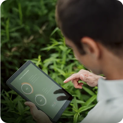 Pessoa consulta dados de sustentabilidade em tablet próximo à vegetação.