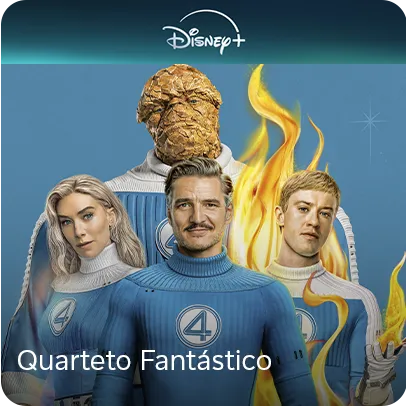 Imagem dos personagens do Quarteto Fantástico. Logo Disney Plus