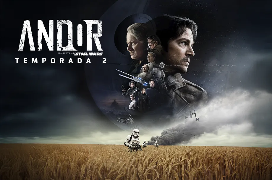 Imagem promocional da série Andor, temporada 2, com montagem com personagens em campo de trigo