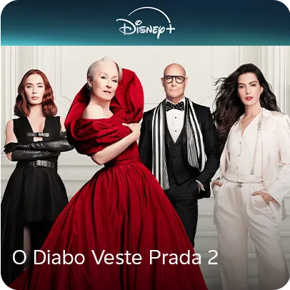 Quatro personagens de O Diabo Veste Prada 2, com figurinos preto, vermelho e branco.