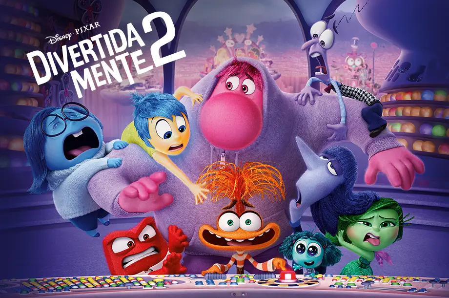 Imagem promocional com os personagens do filme Divertida Mente 2, com todos sentados juntos