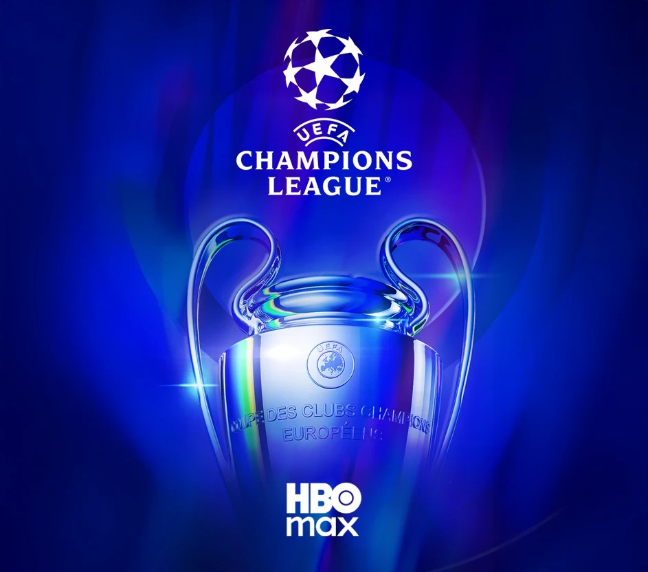 Imagem com fundo azul, troféu no centro, acima logo Champions League, abaixo logo HBO Max
