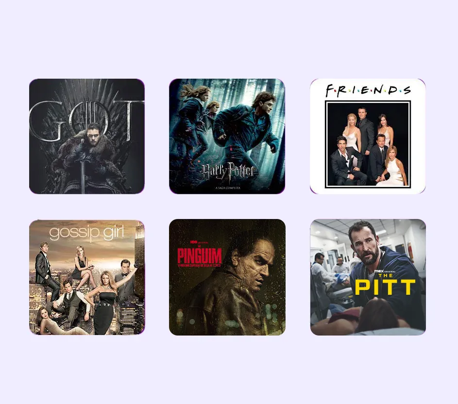 Imagem com 6 pôsteres de filmes e série da plataforma HBO Max