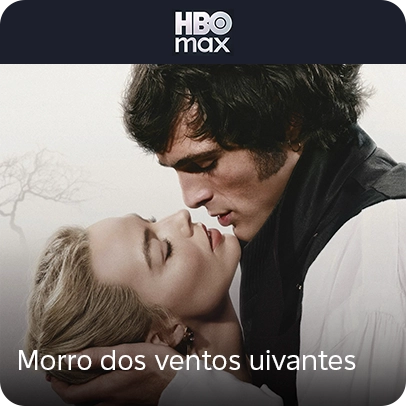 Imagem com os dois personagens principais do filme "Morro dos ventos uivantes" e logo HBO Max.