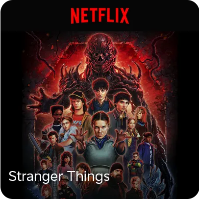 Imagem dos personagens de Stranger Things. Logo Netflix