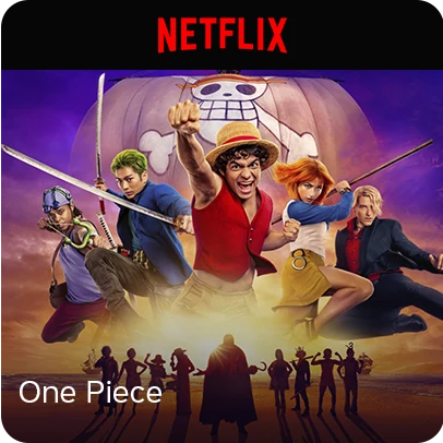 Imagem dos personagens da série One Piece. Logo Netflix.