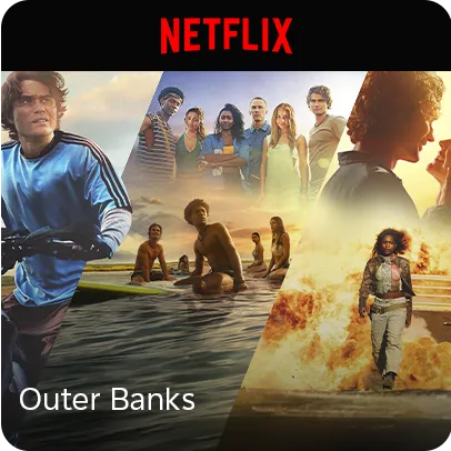 Personagens de Outer Banks em montagem com praia, motocicleta e explosão ao fundo.