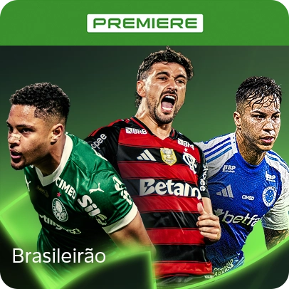 Imagem dos jogadores do Brasileirão em fundo verde, acima logo Premiere, lê-se "Brasileirão"