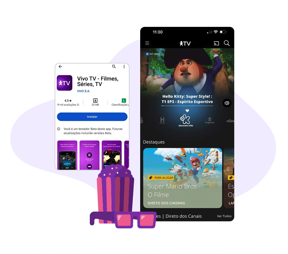 Composição de telas do app Vivo TV e um ícone de pipoca ao lado.