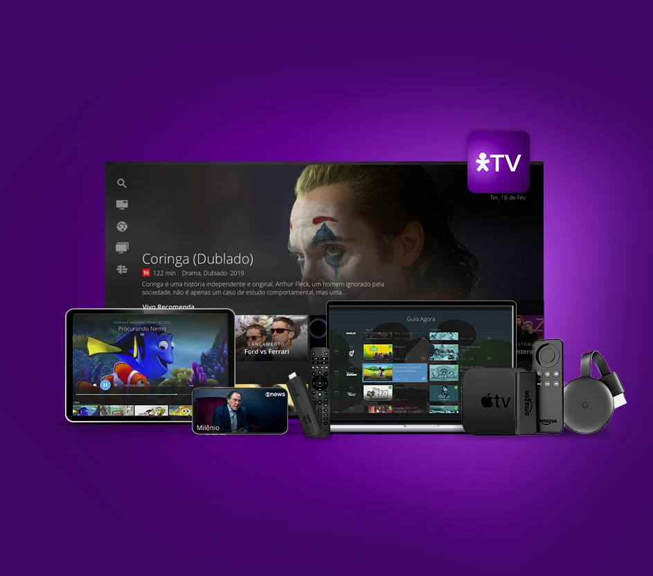 Composição de dispositivos diversos como televisão, tablet, smartphone e notebook.